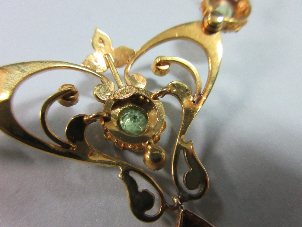 An Edwardian peridot and pearl necklace, the central art nouveau style motif set with a round cut - Image 5 of 7