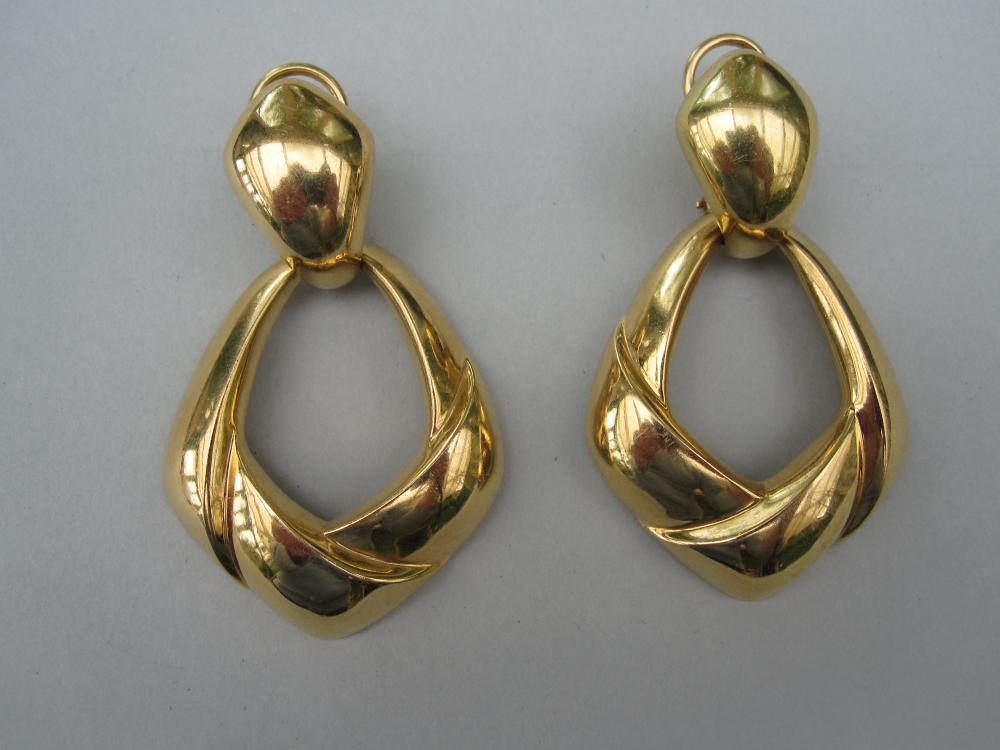 A pair of 18ct gold earpendants by Tiffany & Co, each designed as a bulbous kite form with removable