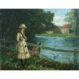 Weedon Grossmith (British, 1854-1919) A young girl fishing on a river bank signed lower left "Weedon