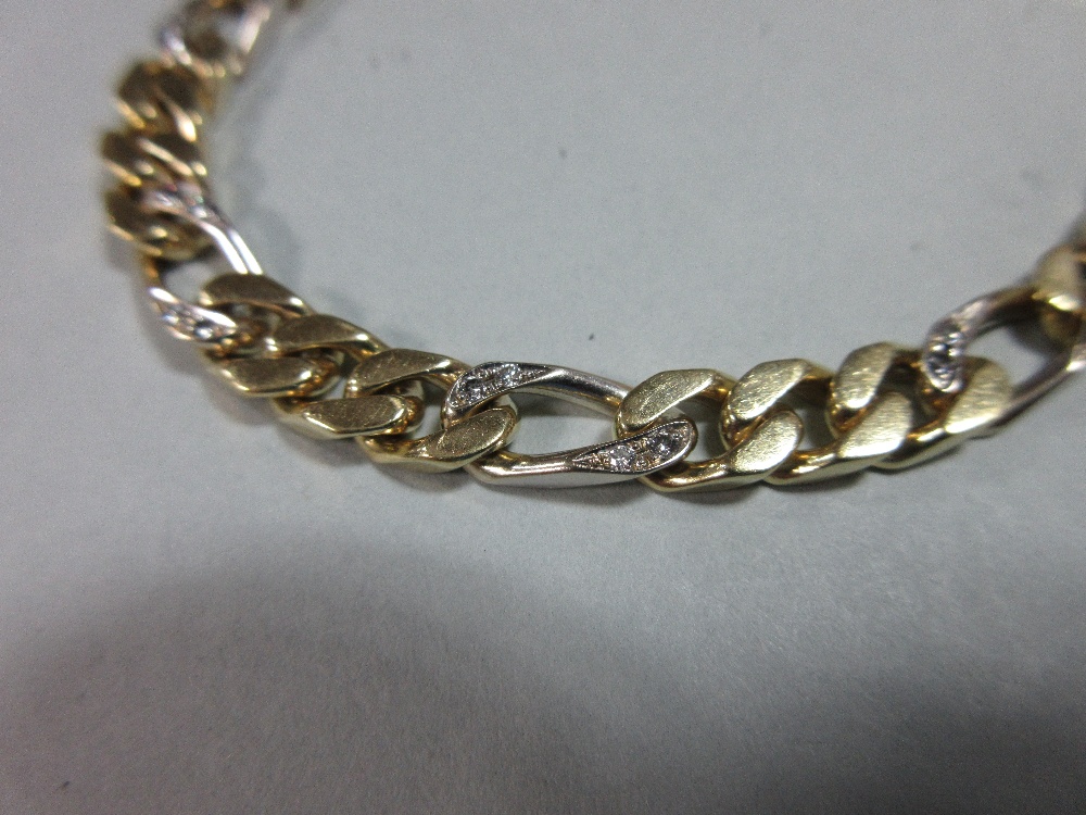 An 18ct bi-coloured gold and diamond set bracelet, the flattened curb link bracelet with every - Image 2 of 3