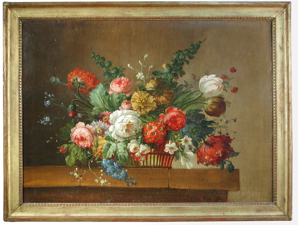 English School  (19th Century) Still life of Hollyhocks, Poppies, Delphiniums, Roses, Gypsophila,