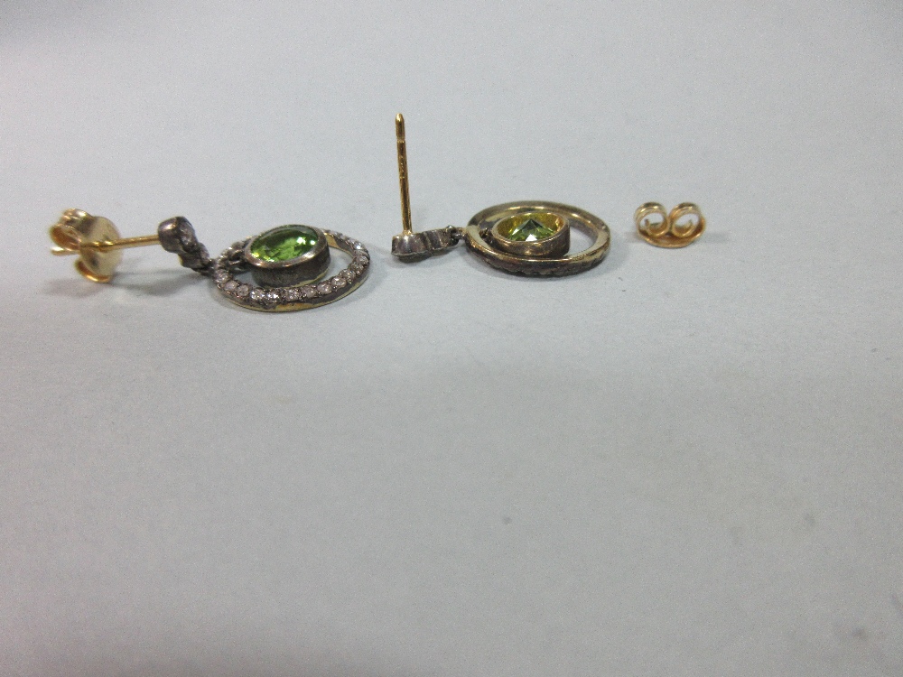 A pair of peridot and diamond earpendants, each post headed by two graduated rose cut diamonds - Image 3 of 3