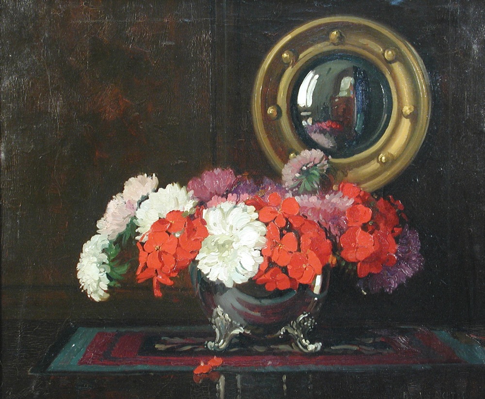 Herbert Davis Richter, RI, RSW, ROI (British, 1874-1955) Still life of red geraniums and white