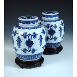 A pair of Chinese blue and white jars, covers and wood stands, painted in the Yongzheng taste with