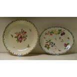 Two 'Red Anchor' Chelsea dishes painted with fruit within green and iron red feathered rims, the