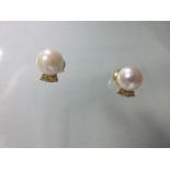 A pair of pearl and diamond earstuds, each post headed by a 7mm pearl above a short curved line