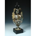 A Wedgwood and Bentley agate ware vase as a lamp, the horns of the gilt satyr mask handles on the