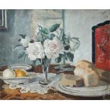 § Alan Blyth (British, fl.1921-1953) Still Life of Pink Roses, Lemons and a Loaf of Bread on a table