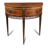 An early 19th century Dutch mahogany and inlaid demi lune side table, fitted two drawers, pierced