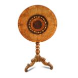 A 19th century Serrento olive wood tripod table, marquetry inlaid with a floral wreath to the centre