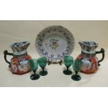 Two Mason's ironstone jugs, four green glass wines and a maiolica dish (7)