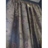 A pair of pinch pleated floral curtains in buff and pink shot satin, interlined, 160cm drop x 90cm