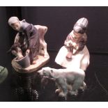 A Royal Copenhagen figure of a milkmaid and calf, a seated girl sewing and a Polar bear, (3)