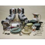 A pair of Staffordshire spaniels together with a small quantity of other ceramics, two EPNS mugs and