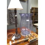 A Georgian mahogany candlestick, a toilet mirror, a modern table lamp, and an old shooting stick and