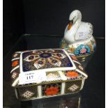 A modern Royal Crown Derby swan, and a pin box (2)