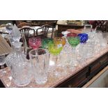 Various modern cut glass decanters, a vase, a water jug, sherry, wine and water glasses (45