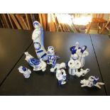 Nine various Soviet blue and white figures, the tallest 22.5cm high (9)