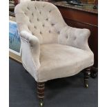 A Victorian mahogany grey upholstered button back armchair