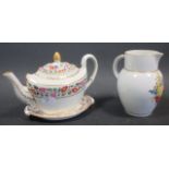 A Pinxton tea pot (a/f), a New Hall tea pot stand and a related jug