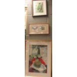 A collection of watercolours a pair of butterflies framed as one, 14 x 10 cm each; Woodpecker,