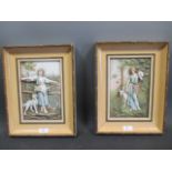 A pair of Continental relief moulded rectangular panels, one signed 'J.Rock', colour decorated