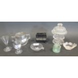A collection of glass, to include: a sweetmeat jar and cover, a moulded glass piano vesta etc