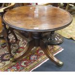 A mahogany circular top tripod table, on reduced column, sabre legs