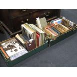 Books, two boxes including some odd leather bound, Stanford's Road and Railway Map of England and