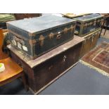 Three trunks and a pine blanket box, 56 x 120 x 64 cm (4)