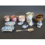A collection of pink lustre, pearlware and blue and white