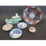 A Fukugawa dish, three Chinese saucers, an ink box and a stage coach group