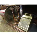 An Edwardian brass coal box and various copper and brass fire irons, fire curb, tray etc (8)