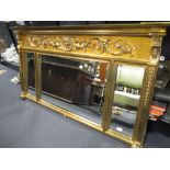 A Regency style gilt overmantel mirror and a parquetry frame mirror (2)