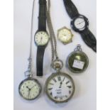 A large open face pocket watch, two small open face pocket watches and three wrist watches (6)