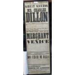 A framed Theatre Royal broadside for Charles Dillon in The Merchant of Venice, 23.5 x 75 cm