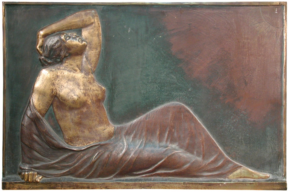 A large bronze plaque, the patinated rectangular form cast in relief with a partially draped