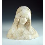 An alabaster bust of a pre Raphaelite lady, circa 1890, carved wearing a head scarf, unsigned 30 x