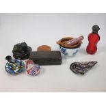 An 18th century tea bowl, treen boxes, scent bottle (cracked), etc