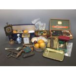 Box of small items, malachite box, costume jewellery, ornaments, etc including a modern London Clock