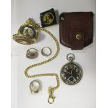 Two 9ct rings (11g) together with a modern American pocket watch, a stopwatch and a yellow metal