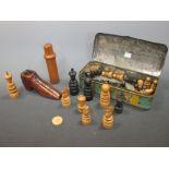 A treen shoe snuff box, a Mauchline bottle container and a part chess set