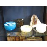 A set of five hardstone bowls, another similar, Scandanavian glass and a conch shell