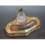A walnut and brass mounted Victorian desk stand with crest engraved well lid