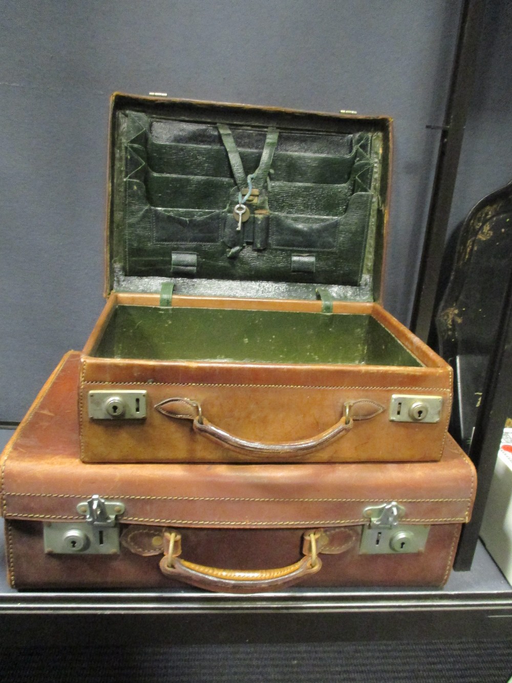 A Victorian brass mounted table box, two small leather cases; two Jennens and Bettridge trays, and - Image 2 of 2