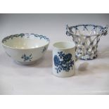 An 18th century Worcester blue and white mug, a bowl and a later basket