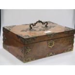 A Victorian brass mounted table box, two small leather cases; two Jennens and Bettridge trays, and