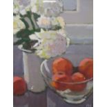 § Alan Hughes (British, 20th Century) Still life of a wine glass, a carafe and apples; and Still