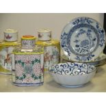 Three modern Chinese porcelain tea cannisters and various blue and white pottery