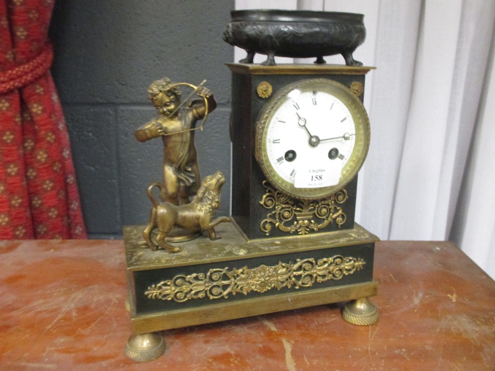 A 19th century French Empire style black slate and gilt metal mounted mantle clock, the enamel - Image 3 of 3